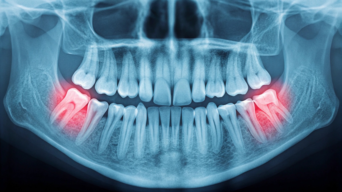 Frontal view of a human dental panoramic radiograph, clearly showing the upper and lower arches with inflamed or impacted wisdom teeth highlighted